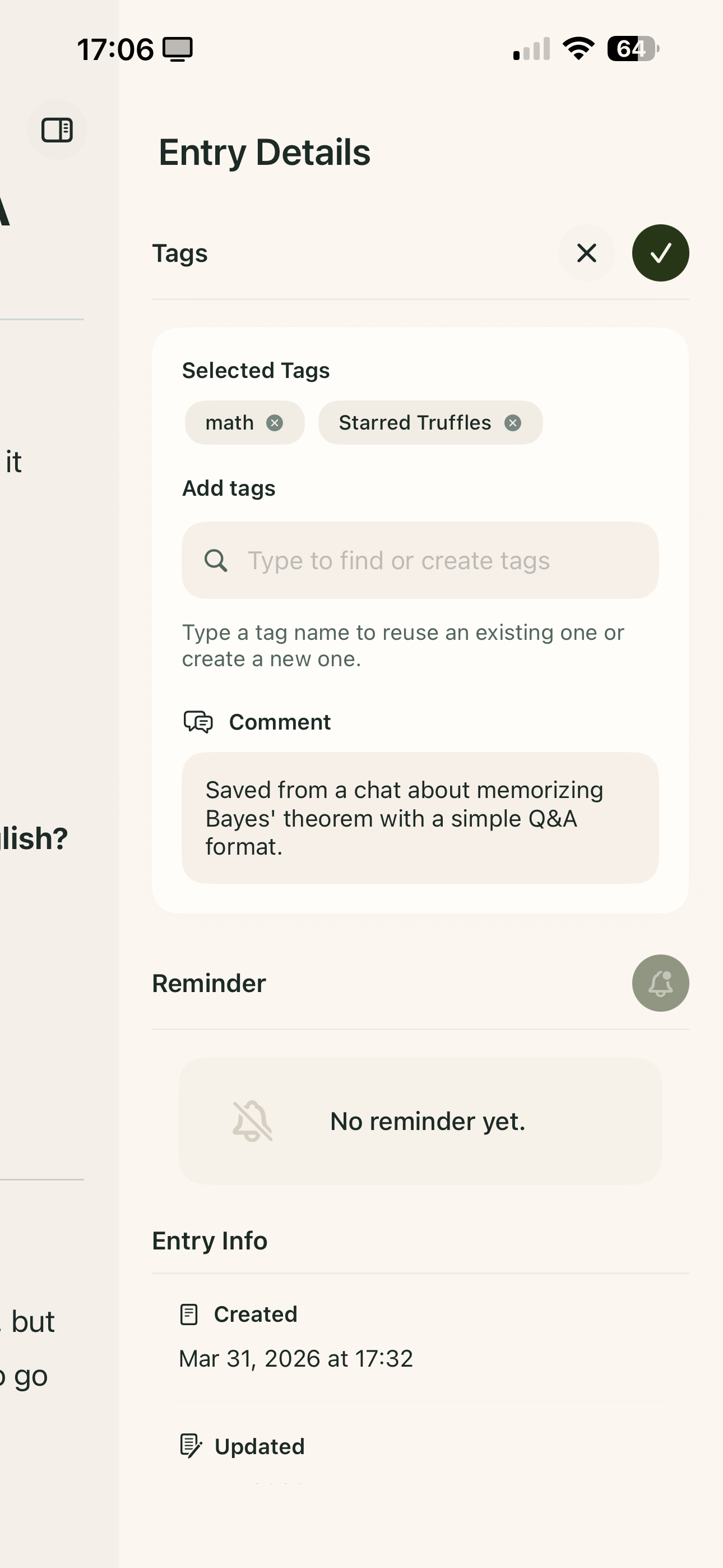Entry Details showing tag selection with math and Starred Truffles tags