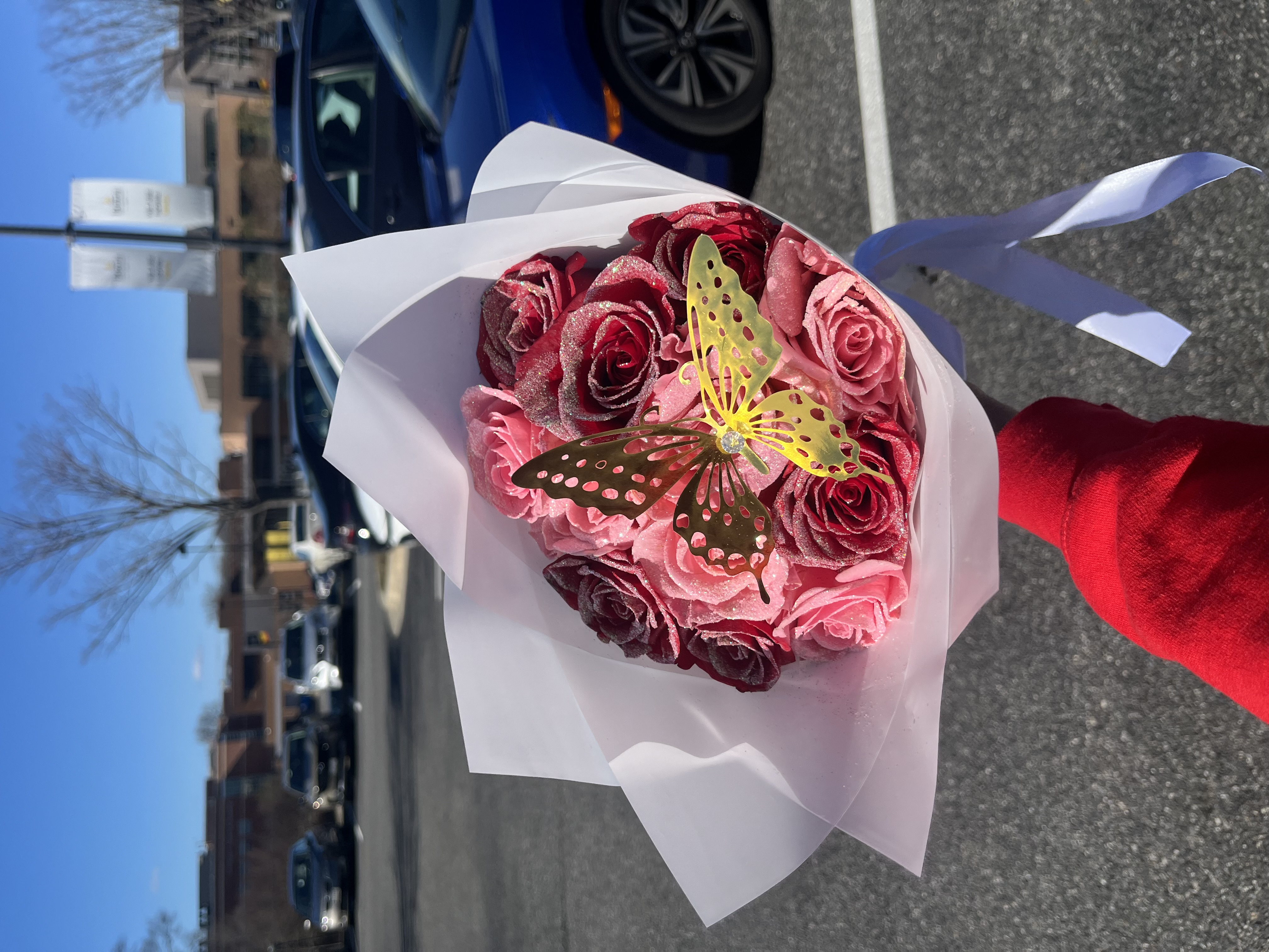 Pink and red glittery roses with butterfly