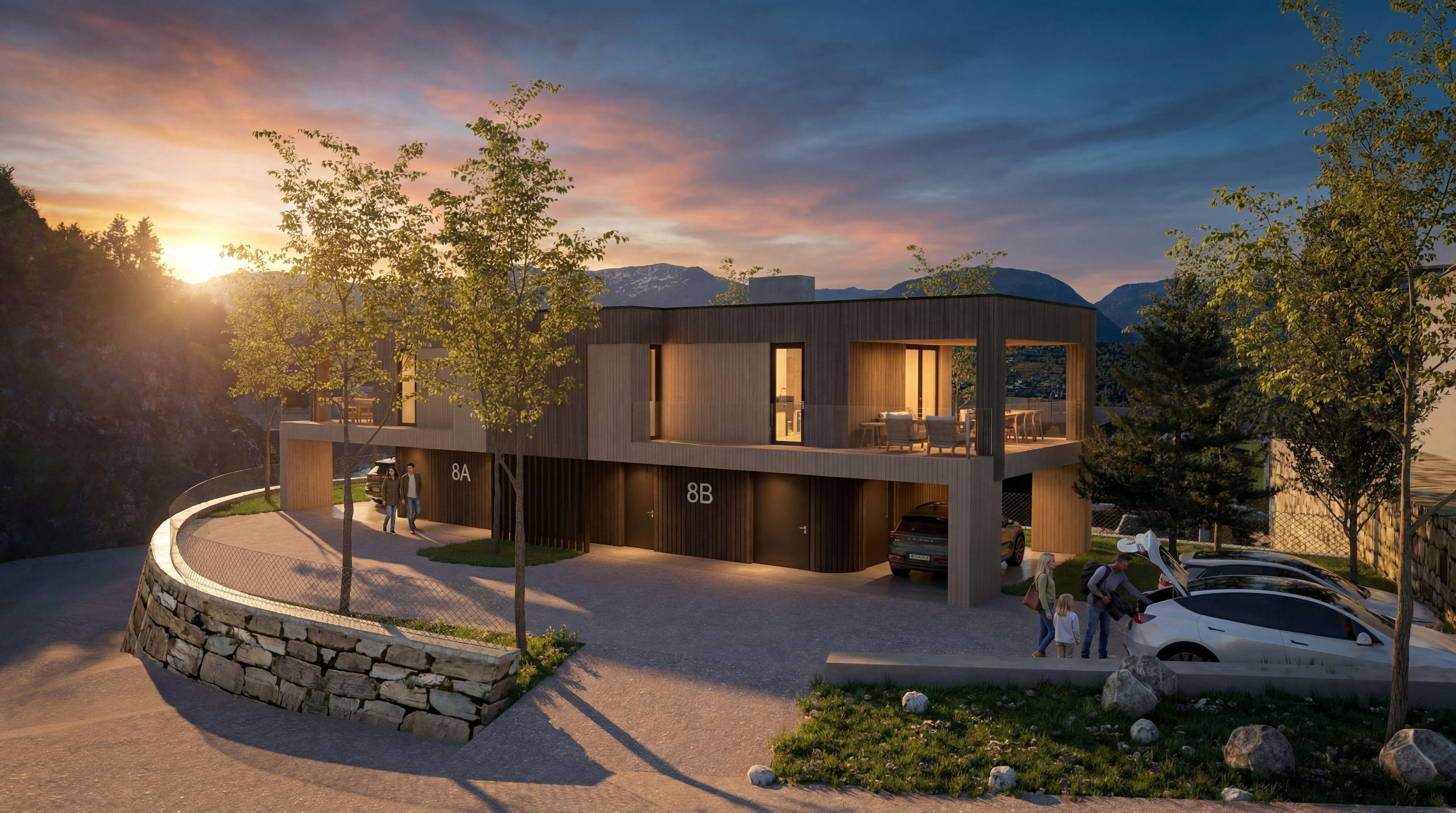 Høgenausen duplex front view at dusk