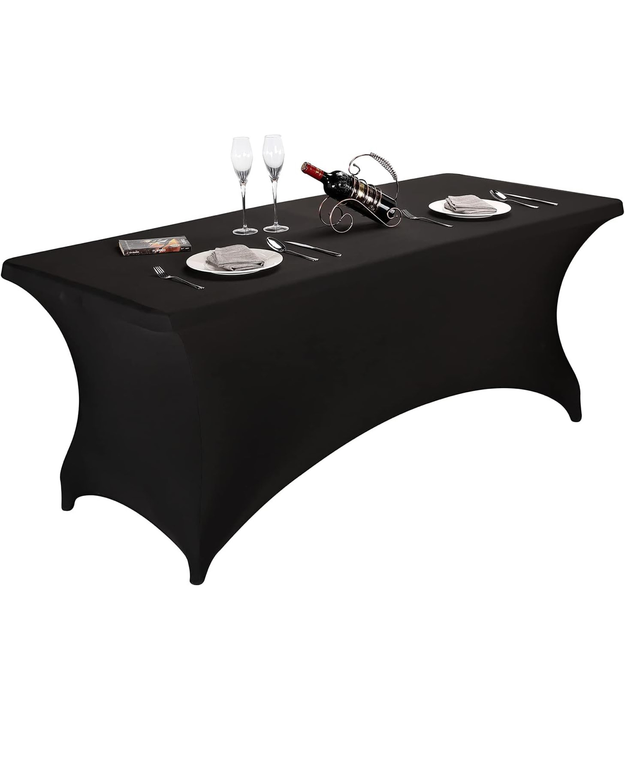 Black spandex table cover with place settings