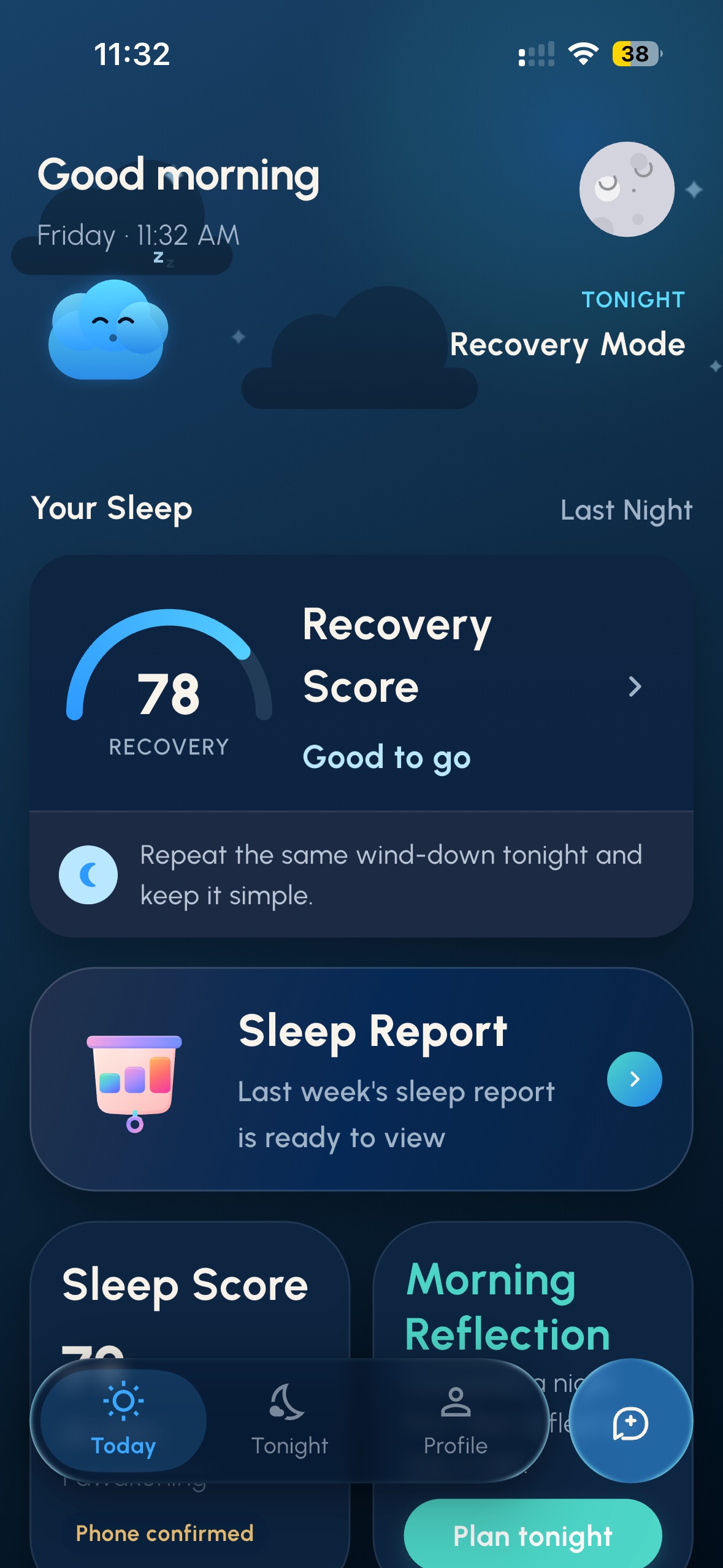 SleepFlow Today screen showing Recovery Score 78