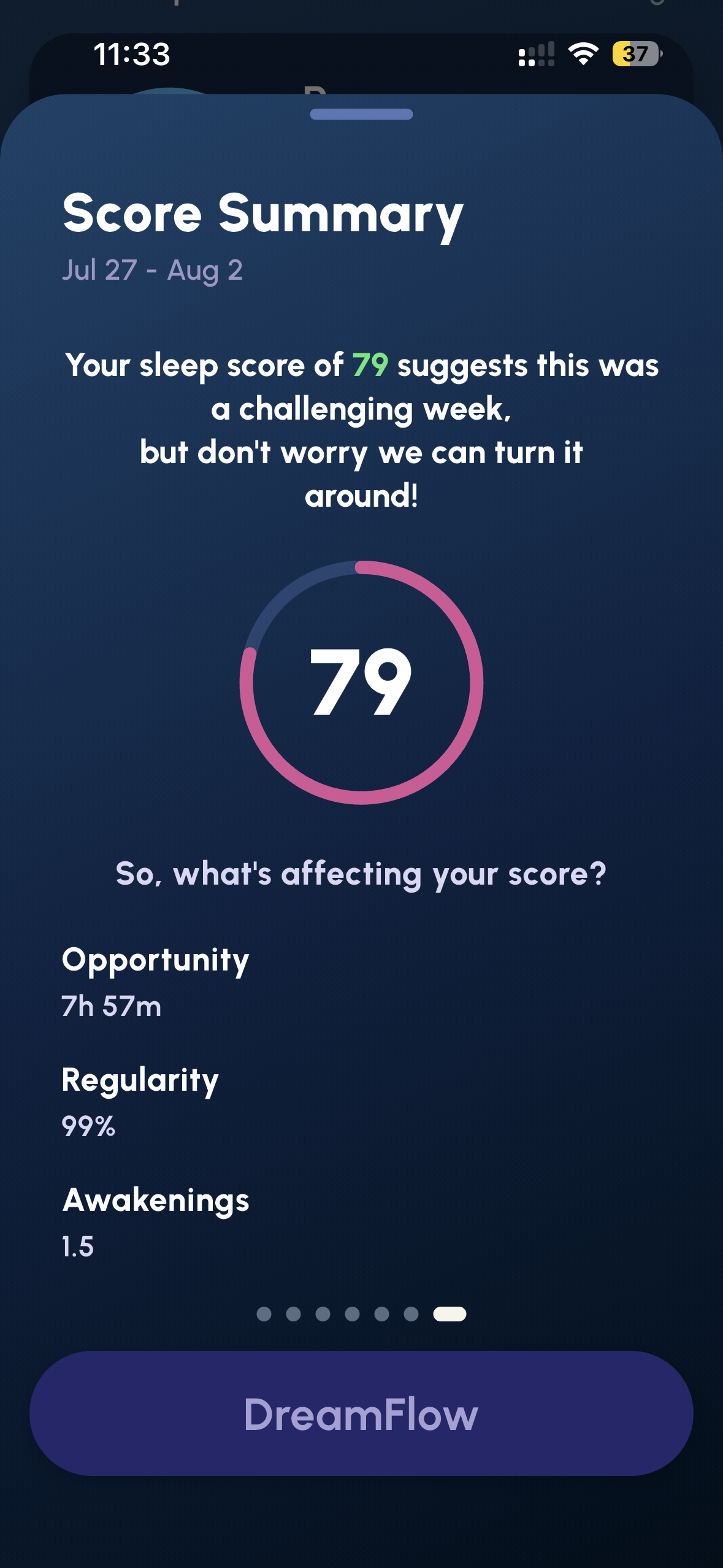 SleepFlow Score Summary showing sleep score 79