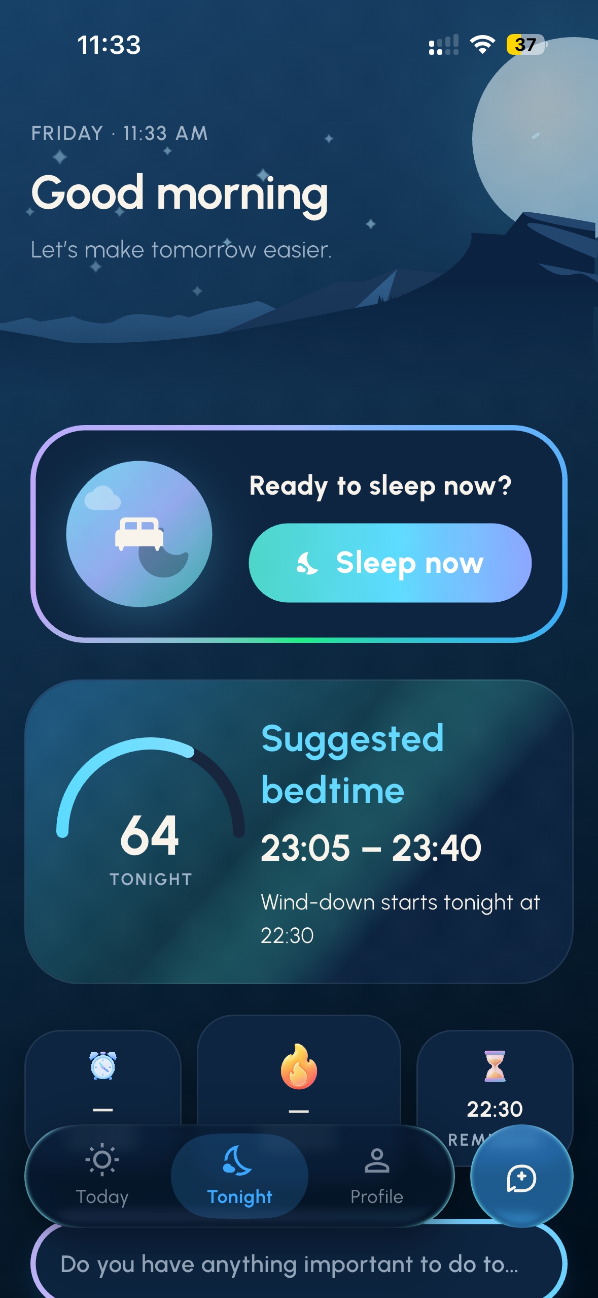 SleepFlow Tonight screen showing suggested bedtime 23:05–23:40