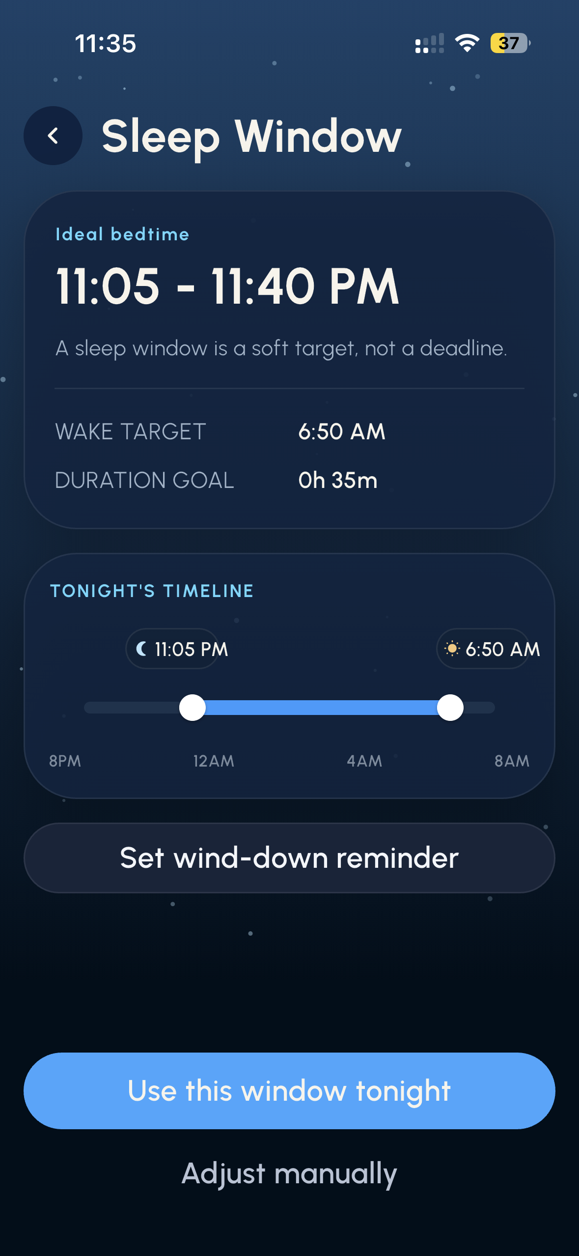SleepFlow Sleep Window screen showing ideal bedtime 11:05–11:40 PM with timeline slider