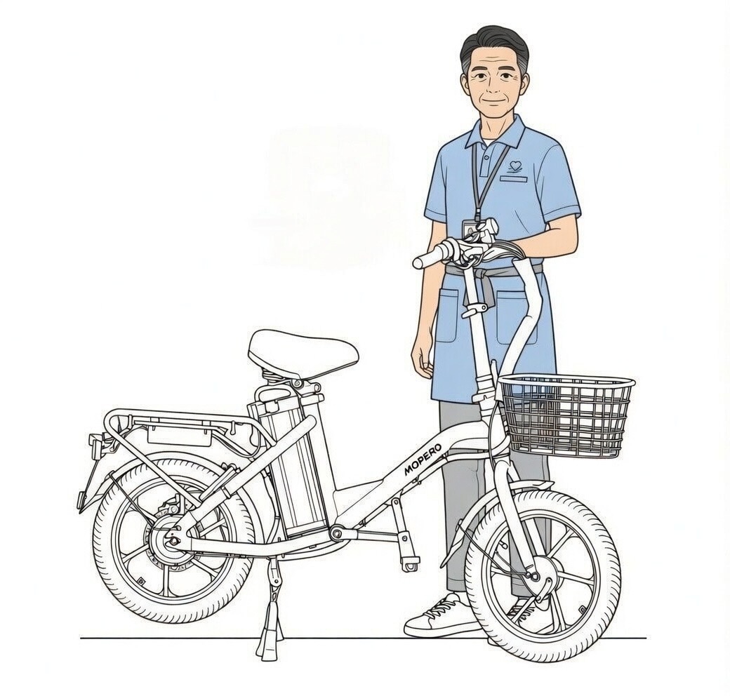 MOPERO 4Uを使用する中年男性介護スタッフ