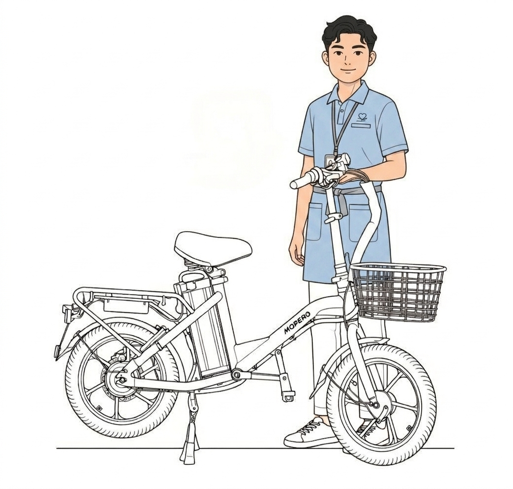 MOPERO 4Uを使用する若い男性介護スタッフ