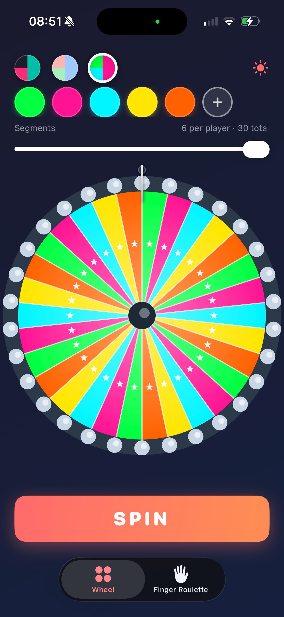 WinSpin Neon theme showing colorful wheel segments
