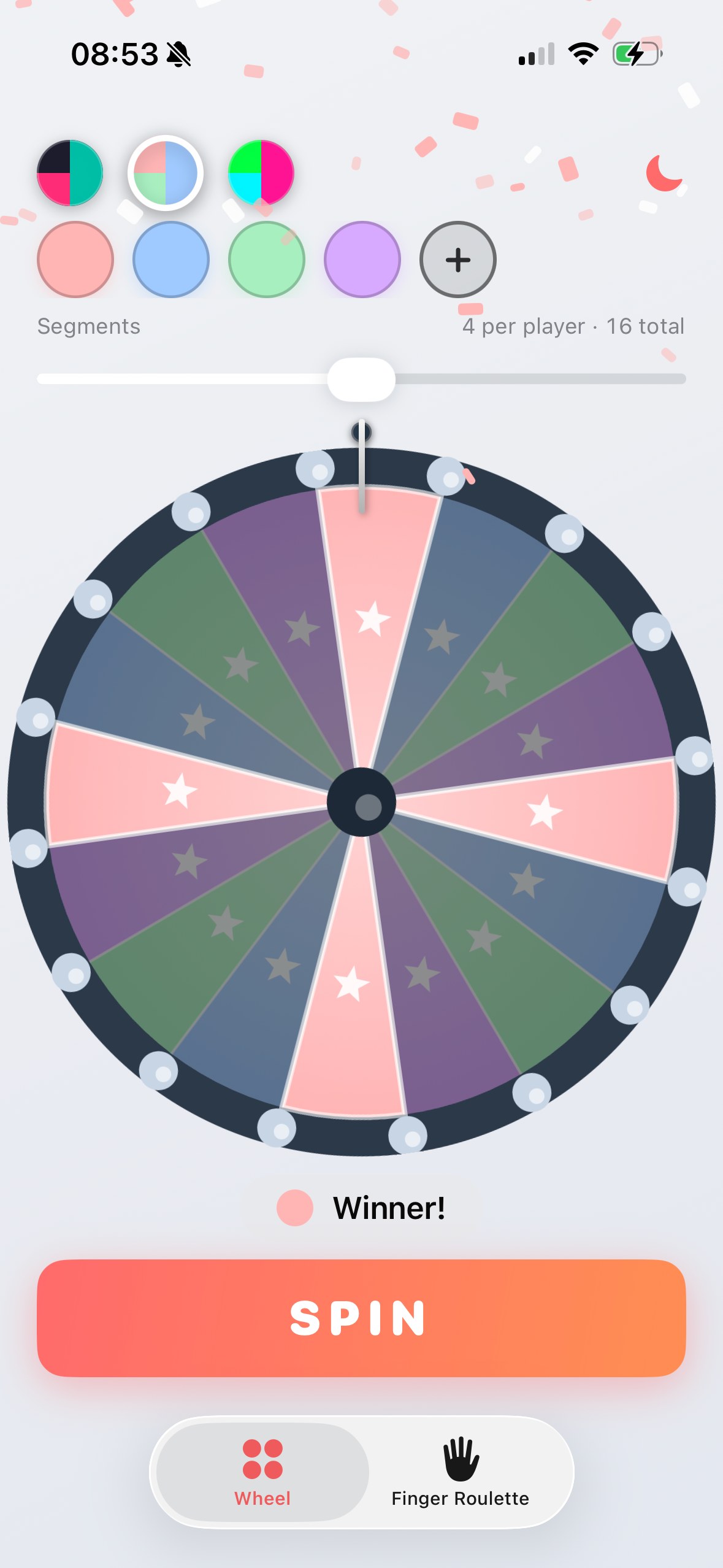 WinSpin Pastel theme showing colorful wheel segments