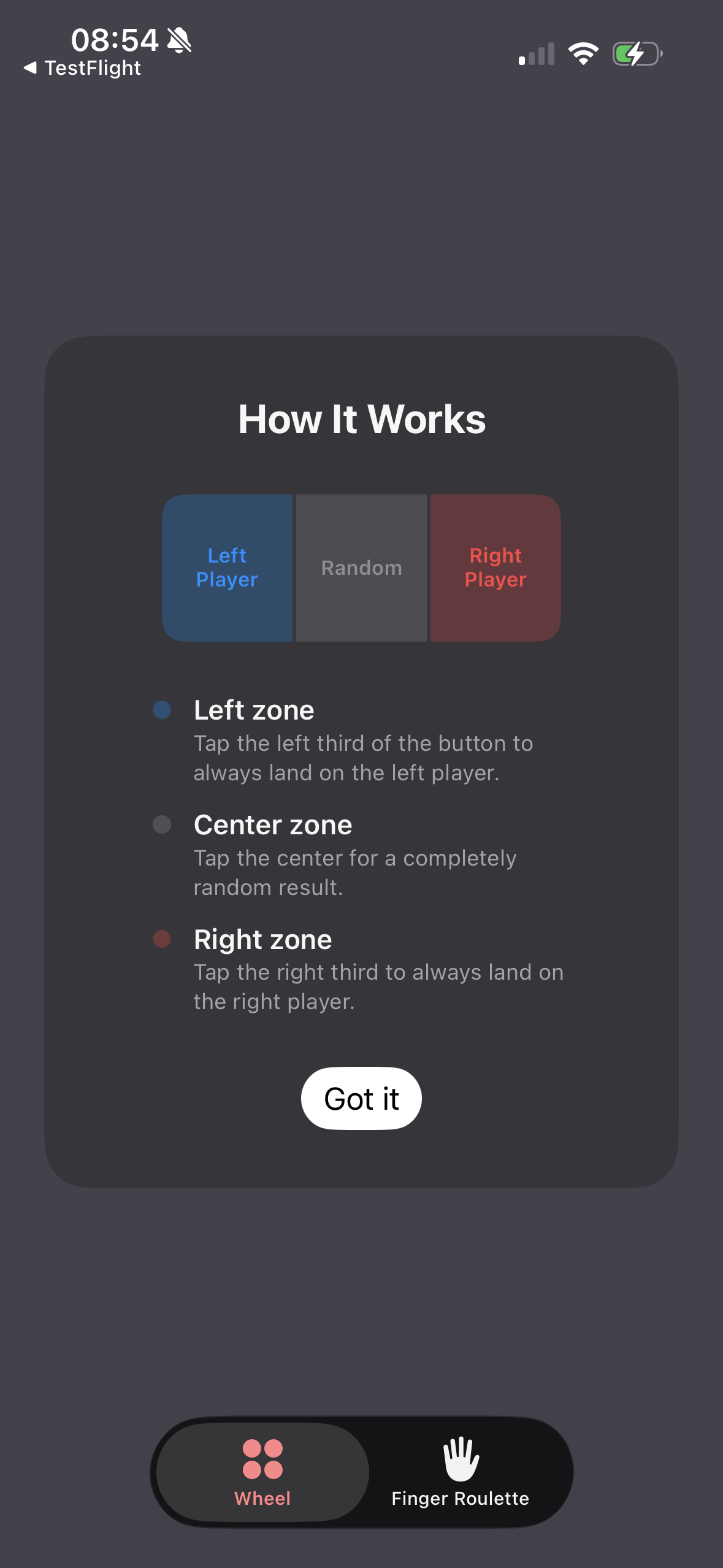 WinSpins secret zones explanation showing left, center, and right tap zones
