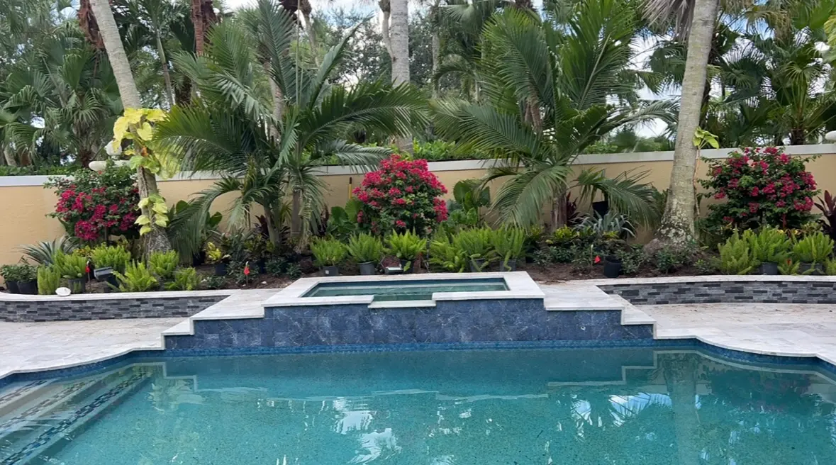 Pool landscape and hardscape project by Integrity Landscape featuring a resort-style pool with raised spa, gray glass tile surround, travertine coping, and a lush backdrop of bougainvillea, royal palms, and tropical plantings in Palm Beach County
