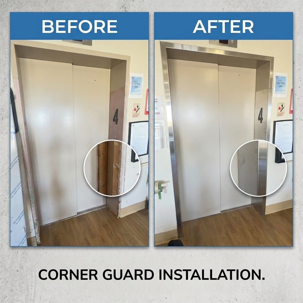 Before and after photos of a protective corner guard installation