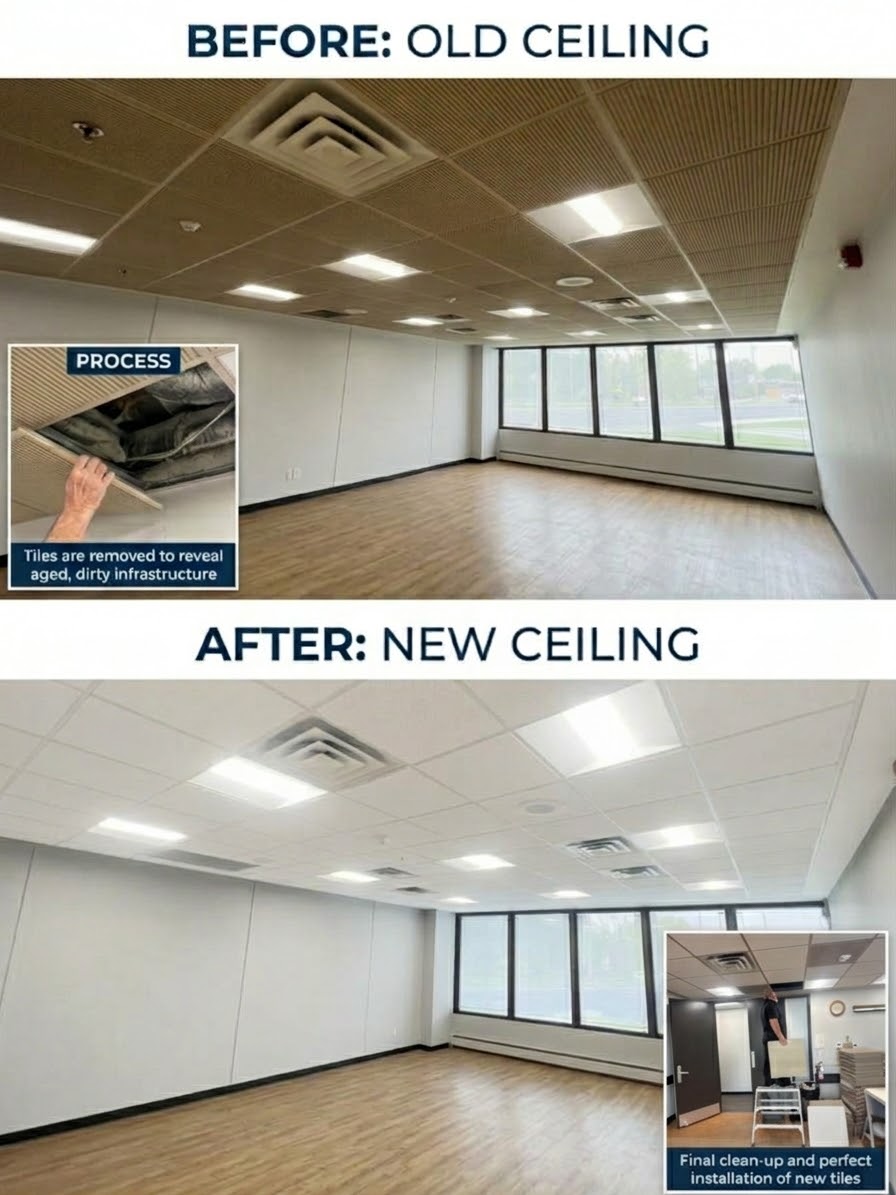 Before and after photos of a commercial ceiling replacement