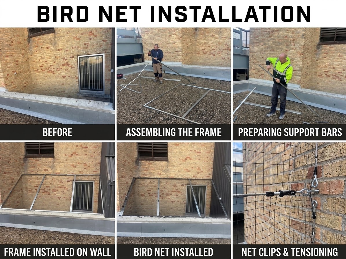 Photos documenting the stages of a bird net installation