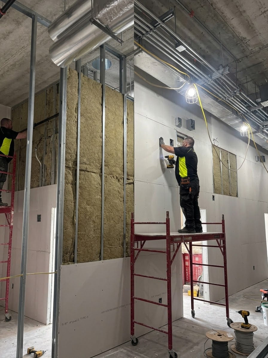 In-progress photo of a wall installation with a technician at work