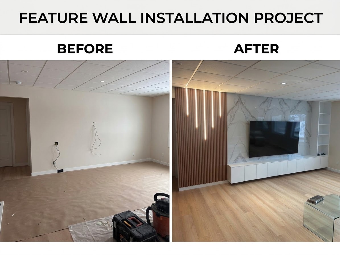 Before and after photos of a feature wall installation