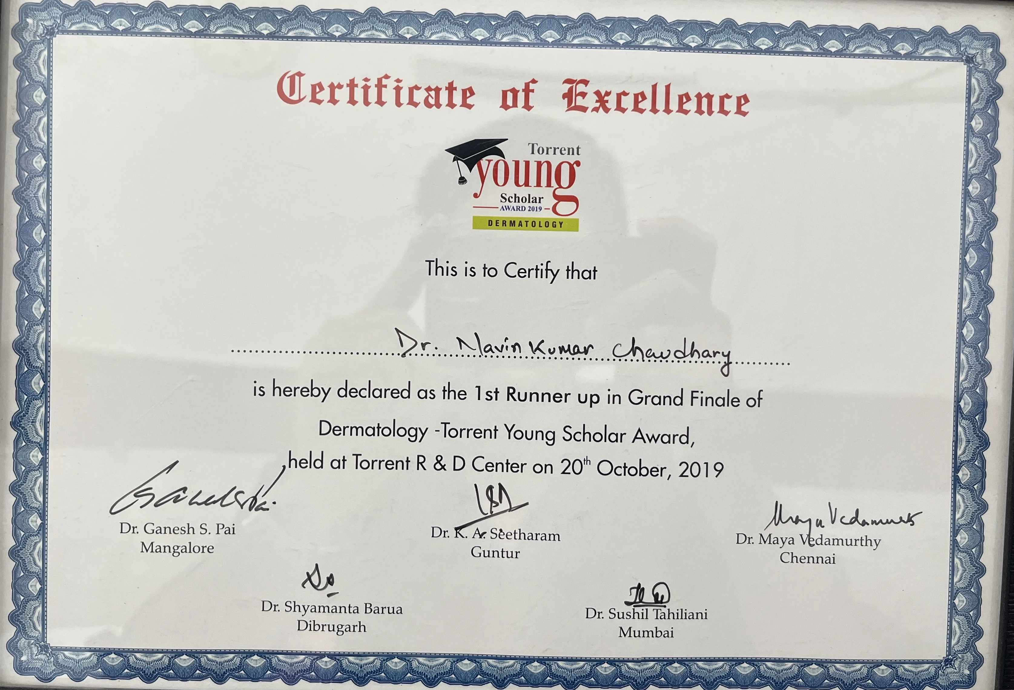 Torrent Young Scholar Award certificate