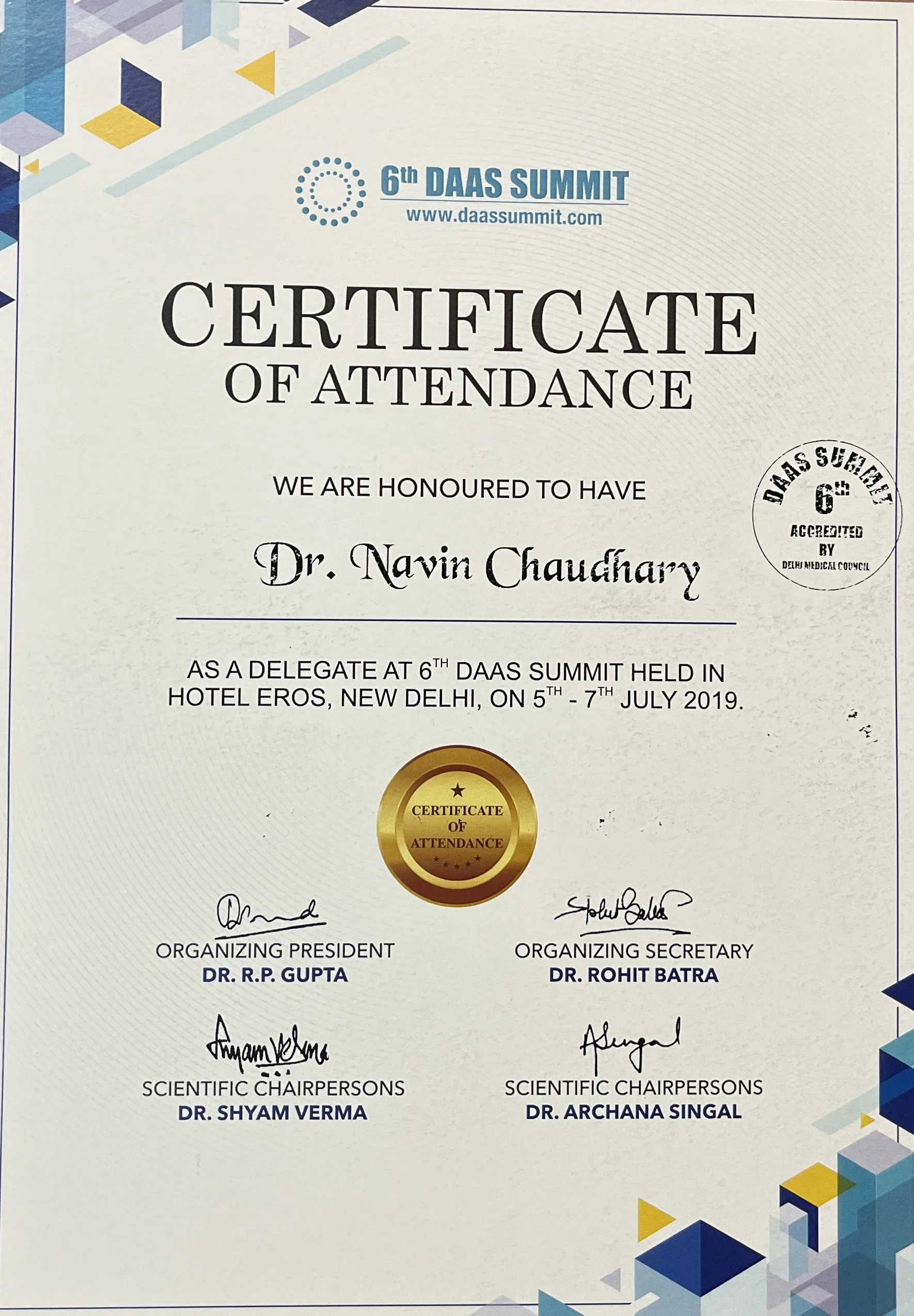6th DAAS Summit certificate