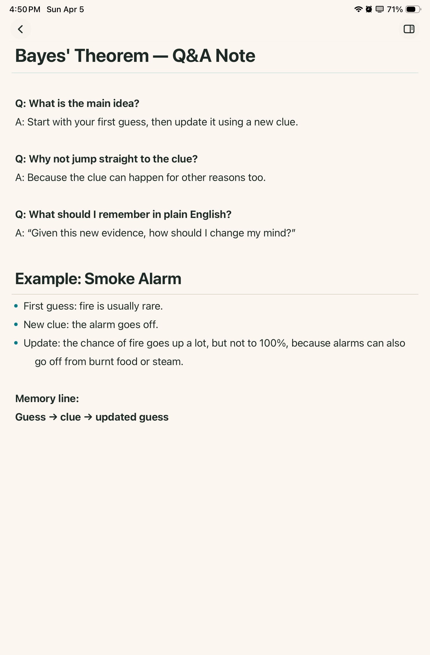 Bayes Theorem Q&A study note on iPad with memory line and example