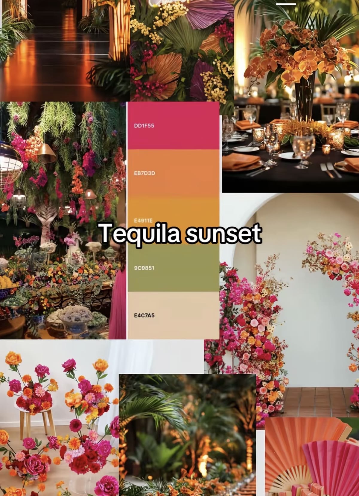 Tequila sunset table styling with tropical flowers and warm lighting