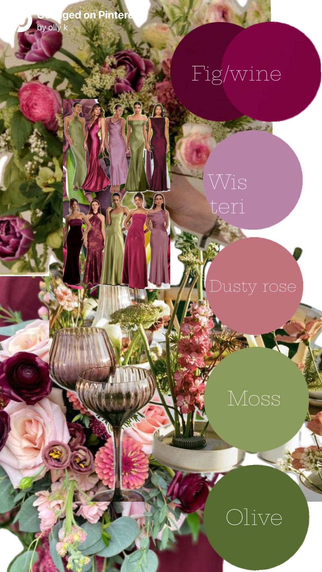 Flower and colour palette inspiration in fig, dusty rose, moss and olive