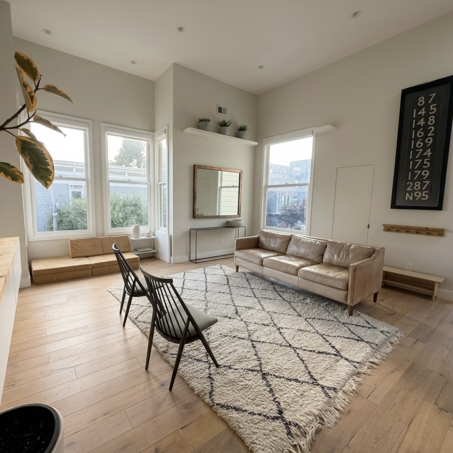 Bright living room with pale oak floors and natural light