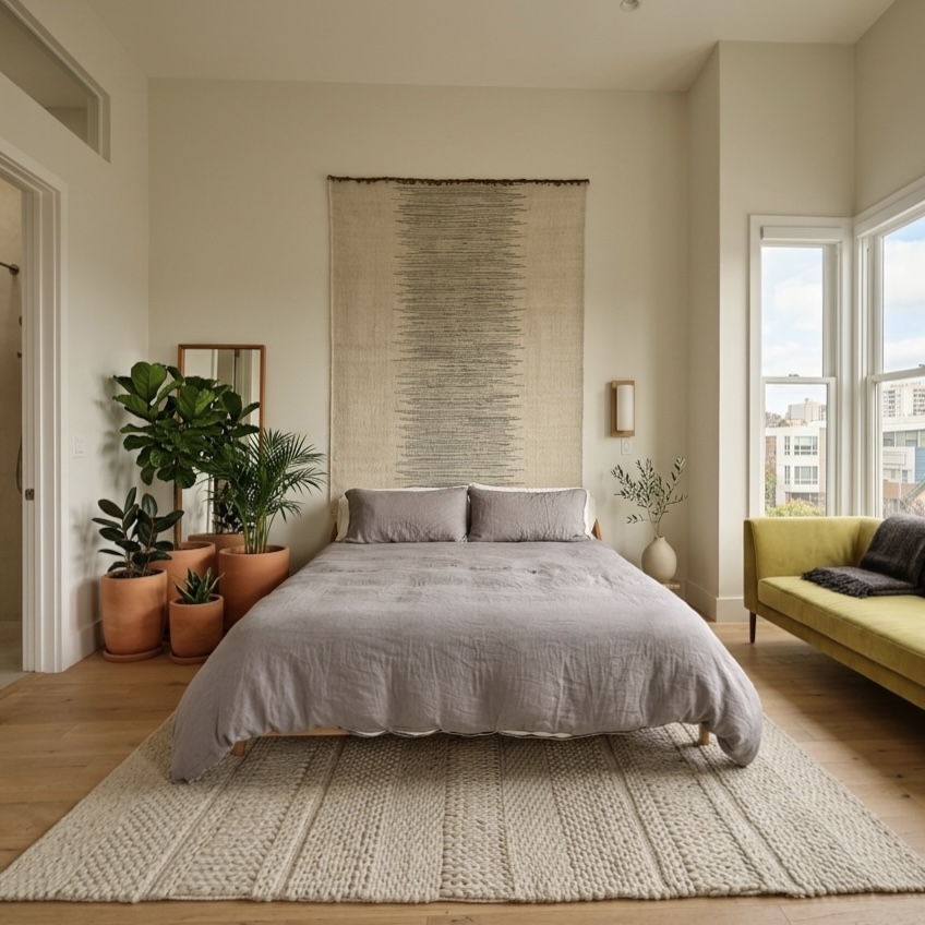 Bedroom with woven wall hanging and terracotta planters