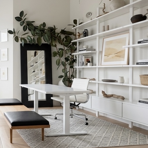Modern home office with white shelving system
