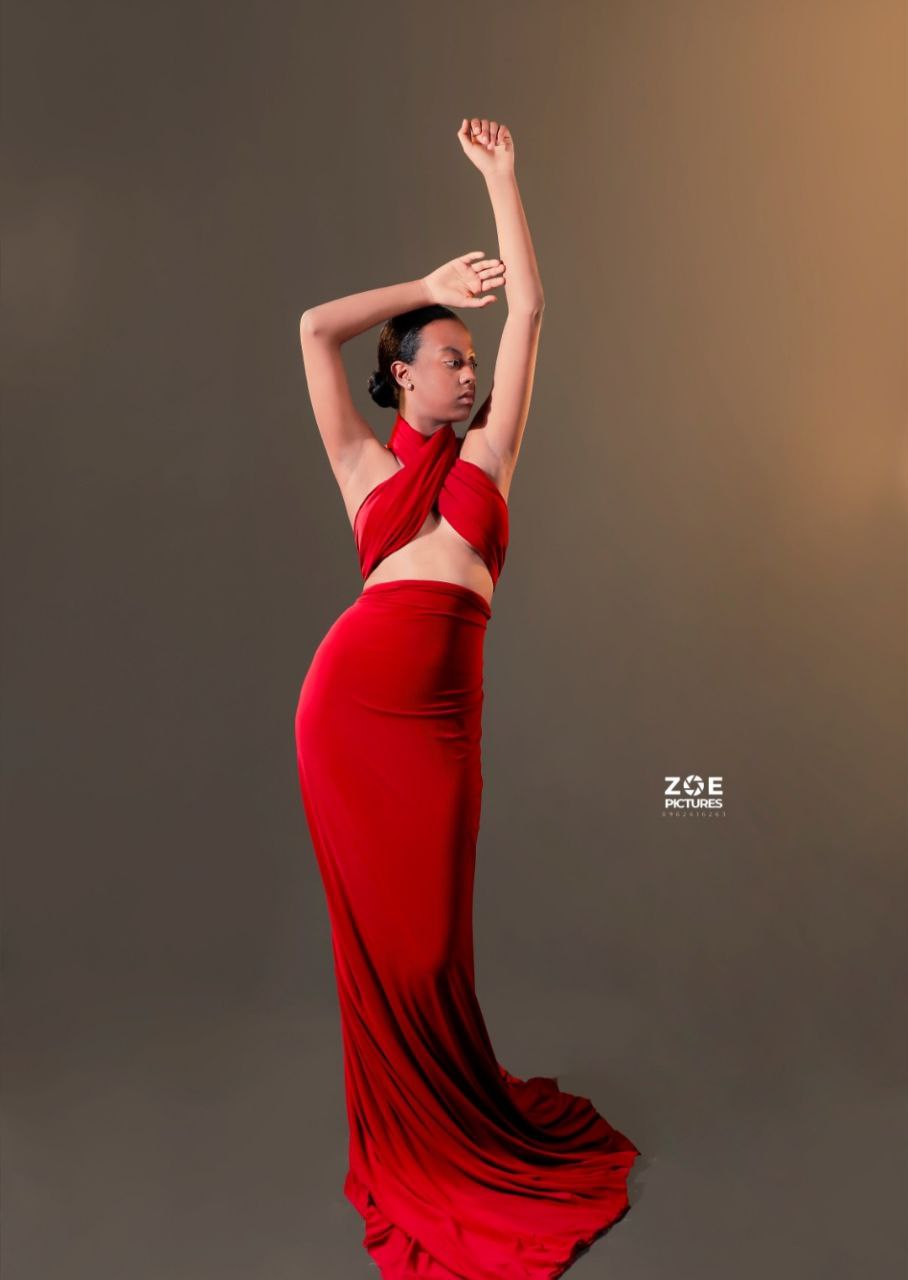 Model in a flowing red gown