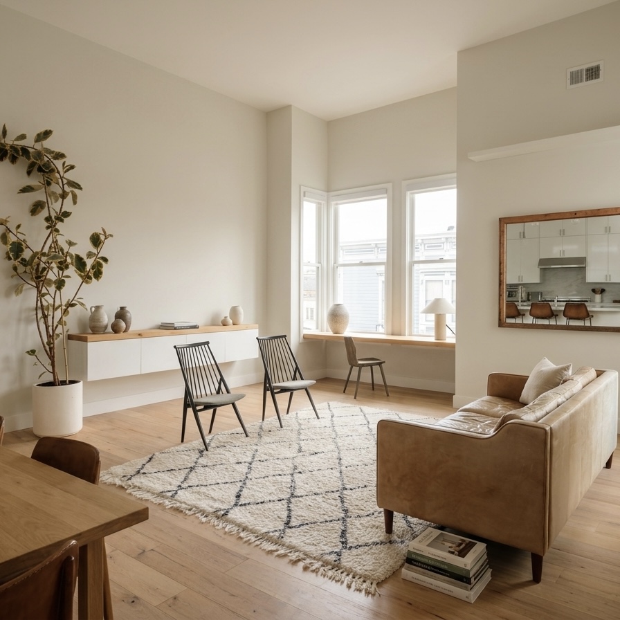 Living room with camel leather sofa and spindle chairs
