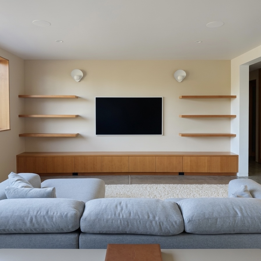 Media room with floating wood shelves