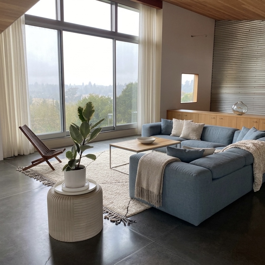 Living room with blue sectional and mountain views