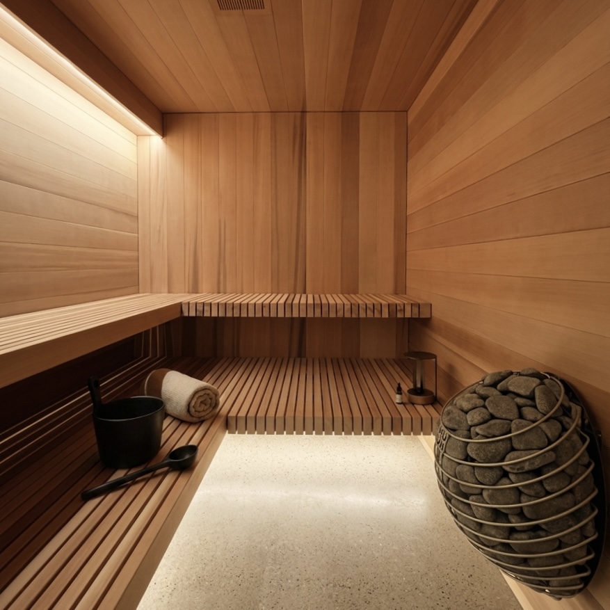 Cedar-lined sauna with modern heater
