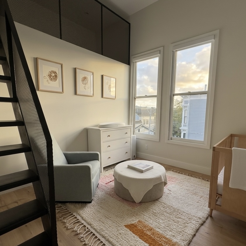 Nursery with blackened steel staircase