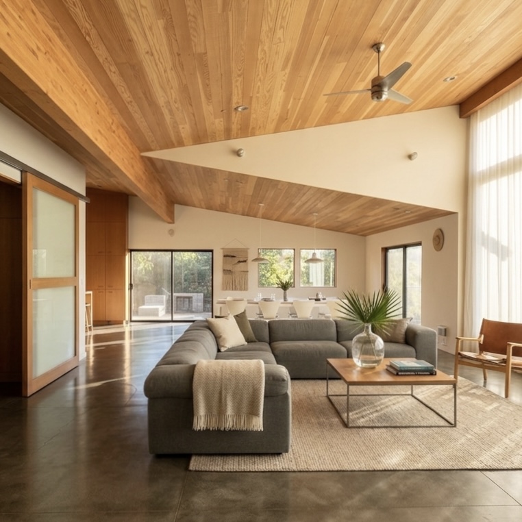 Open living space with wood-paneled ceiling