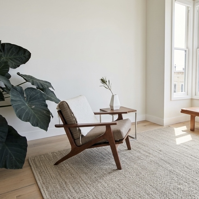 Mid-century modern walnut chair with natural light