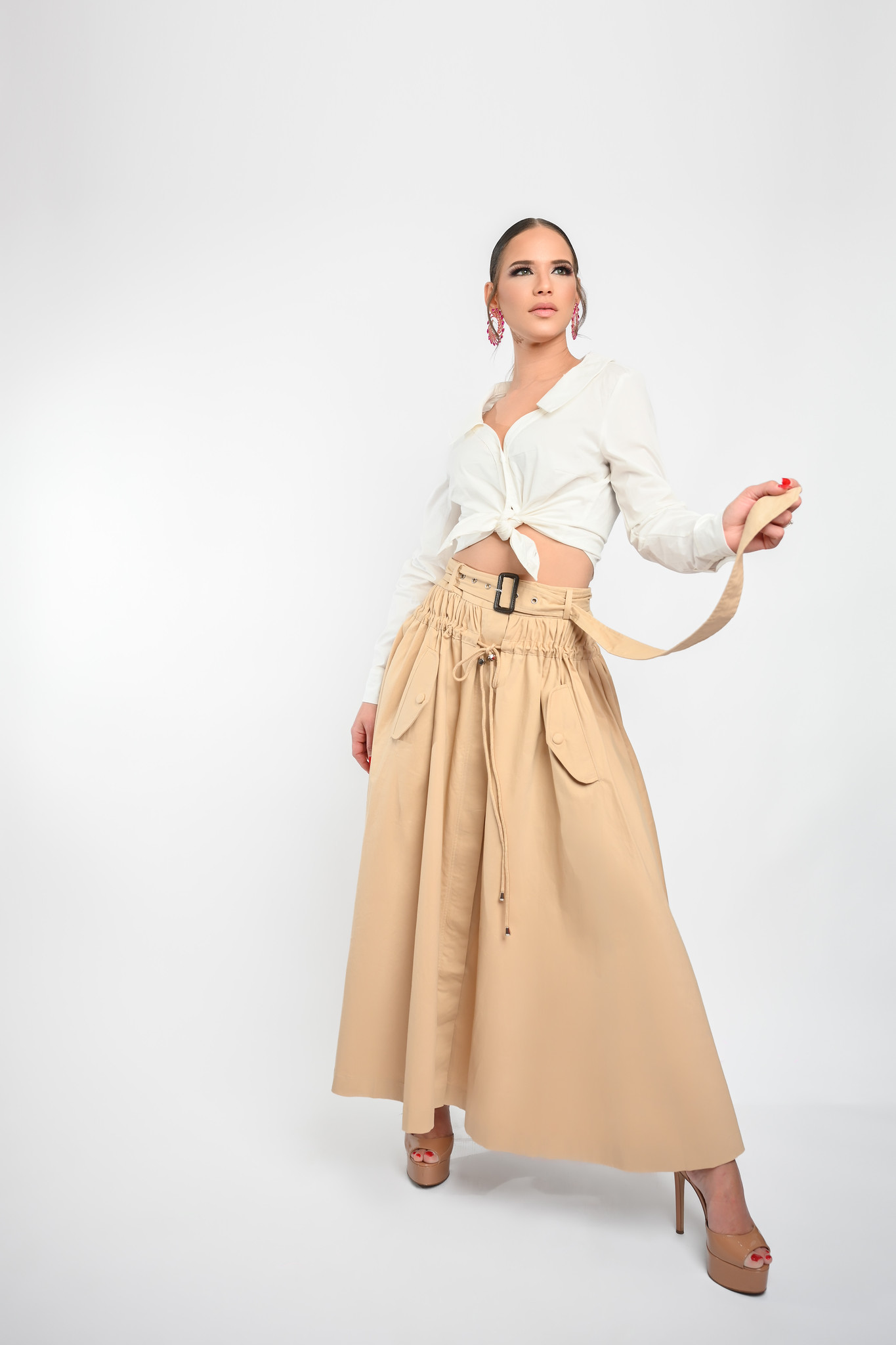 White Shirt and Beige Skirt