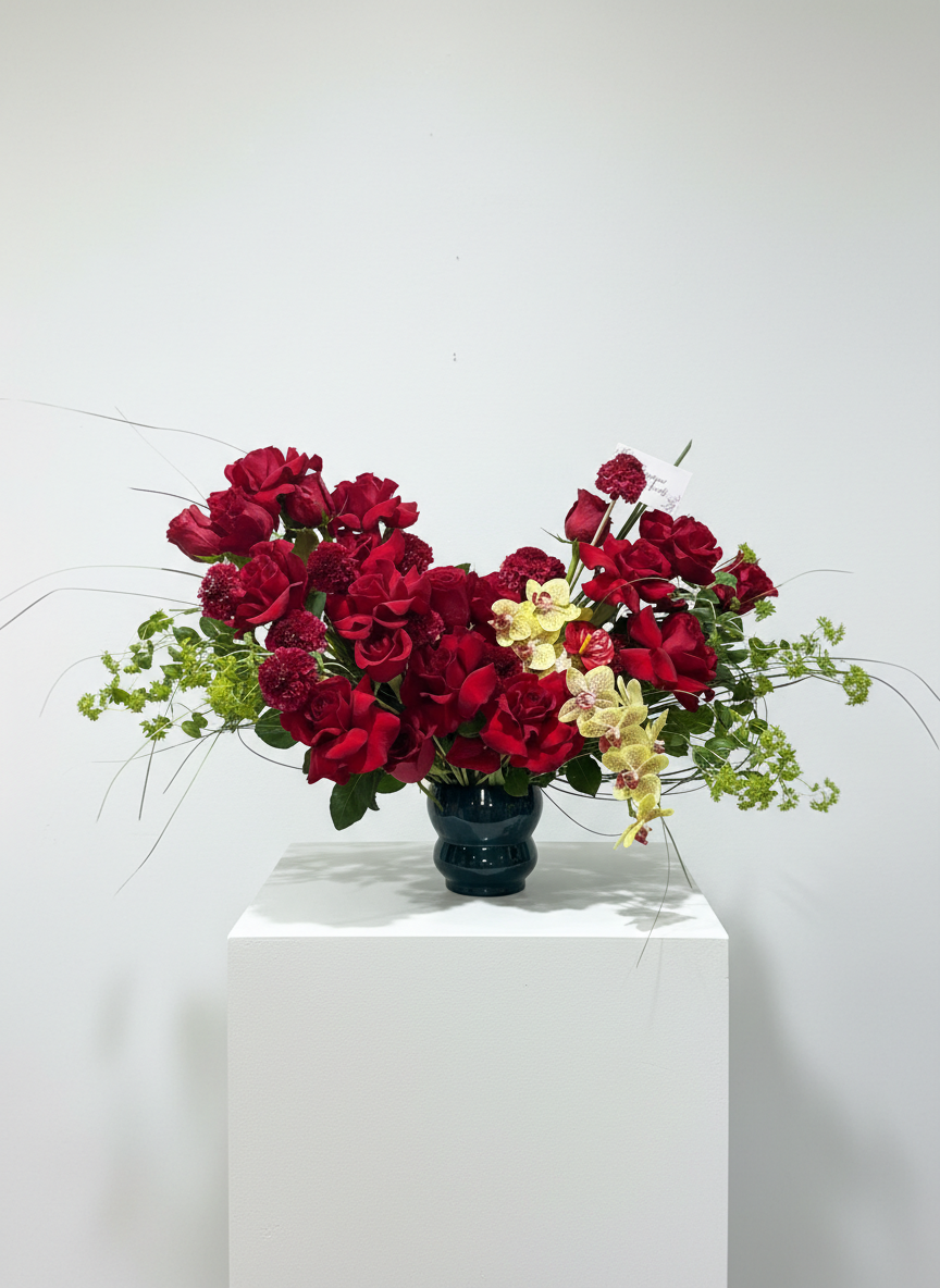 Dramatic red rose and orchid arrangement in dark vase on white pedestal