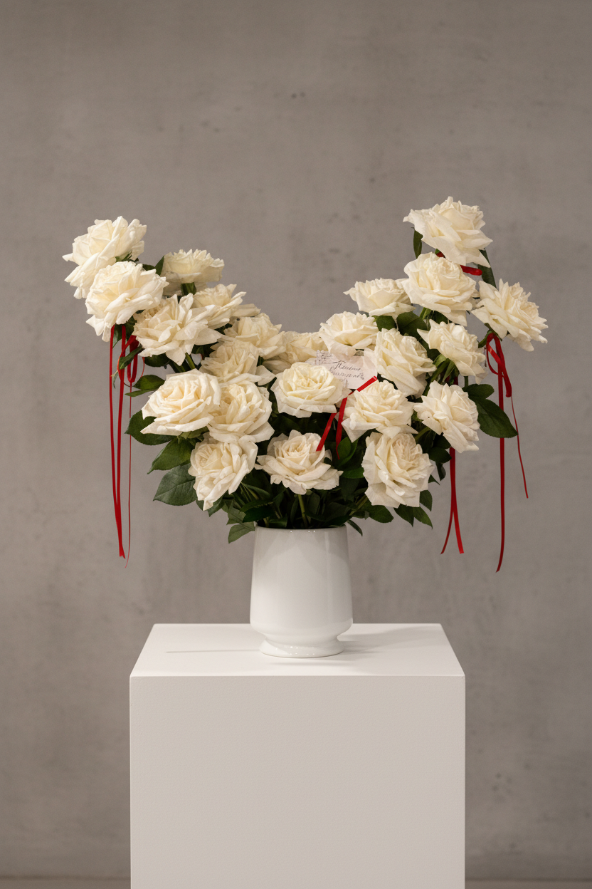 Elegant white rose arrangement with red ribbon accents