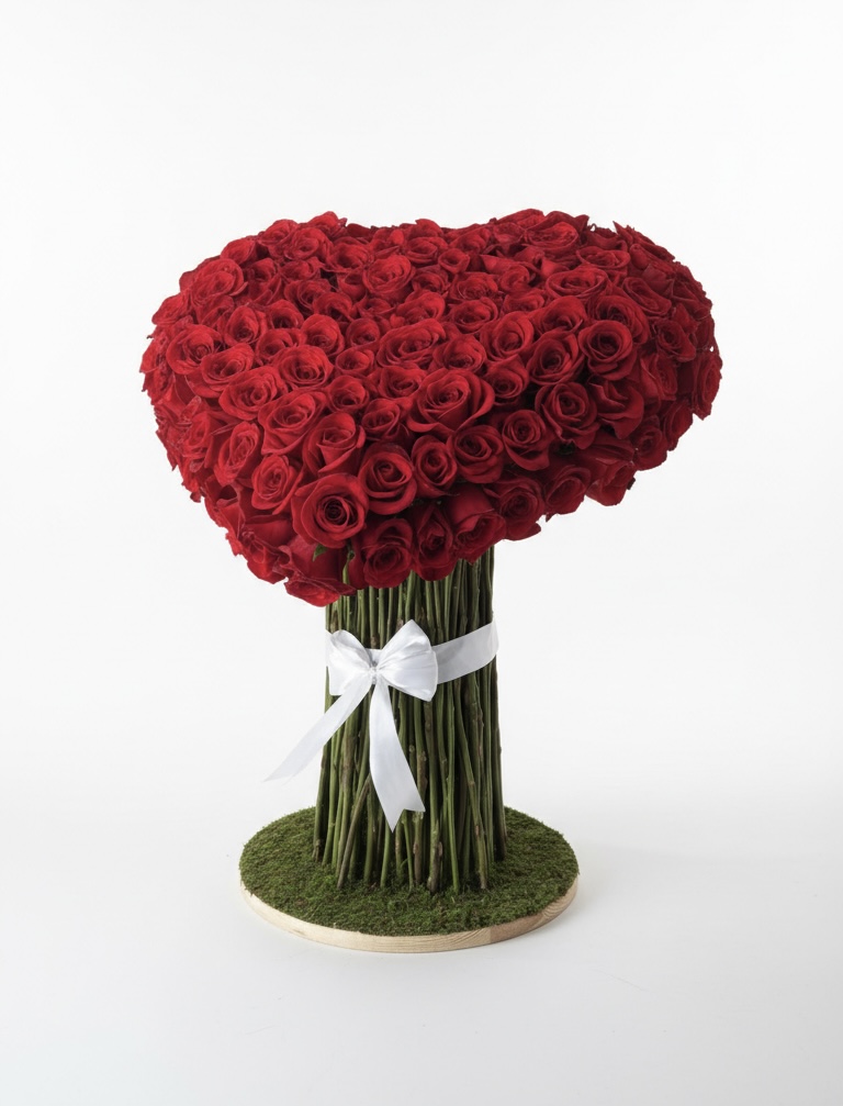 Heart-shaped red rose arrangement on moss base