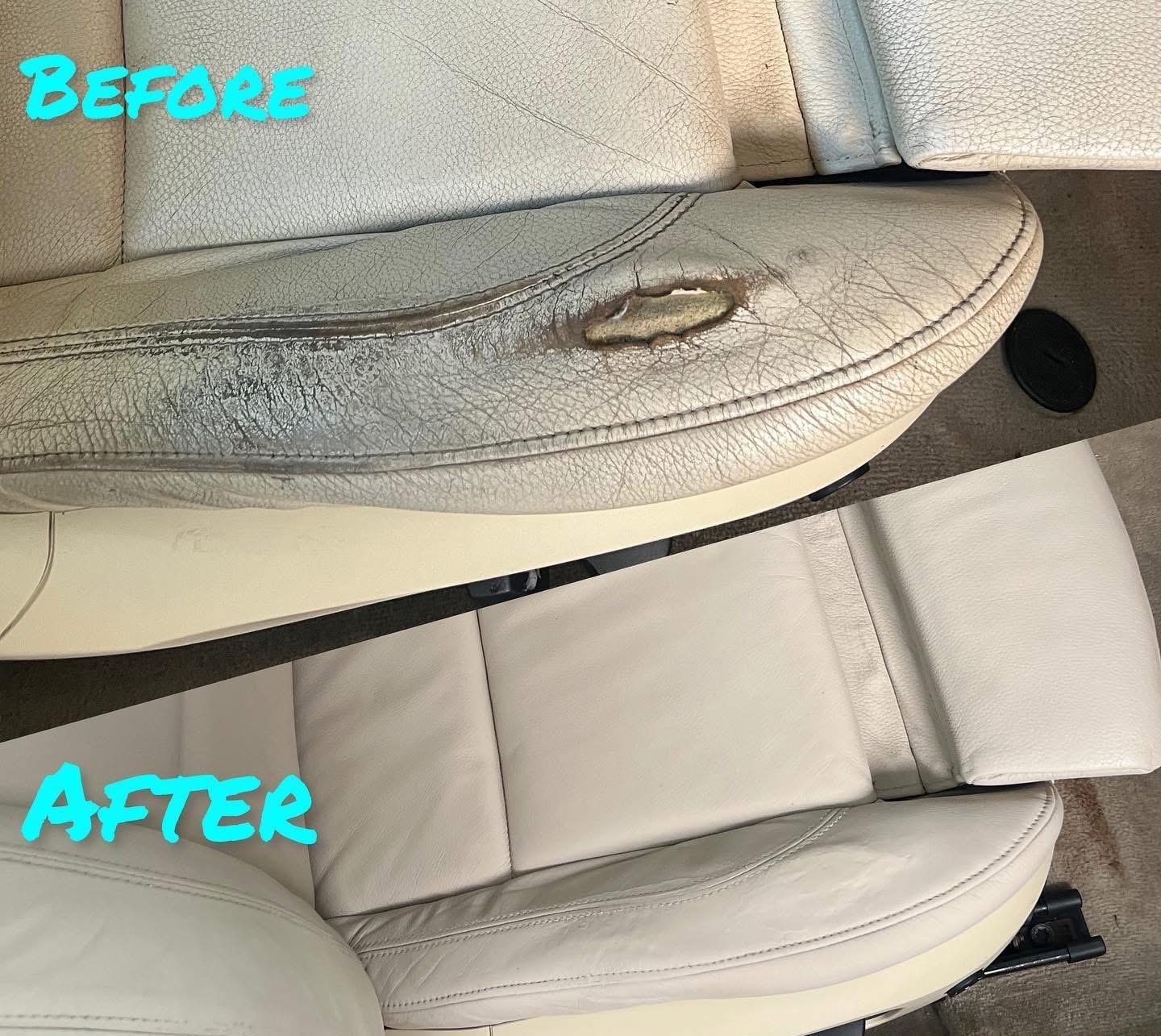 Cream leather seat with severe cracking and a torn panel — example of heavy leather damage Canberra Leather can still restore