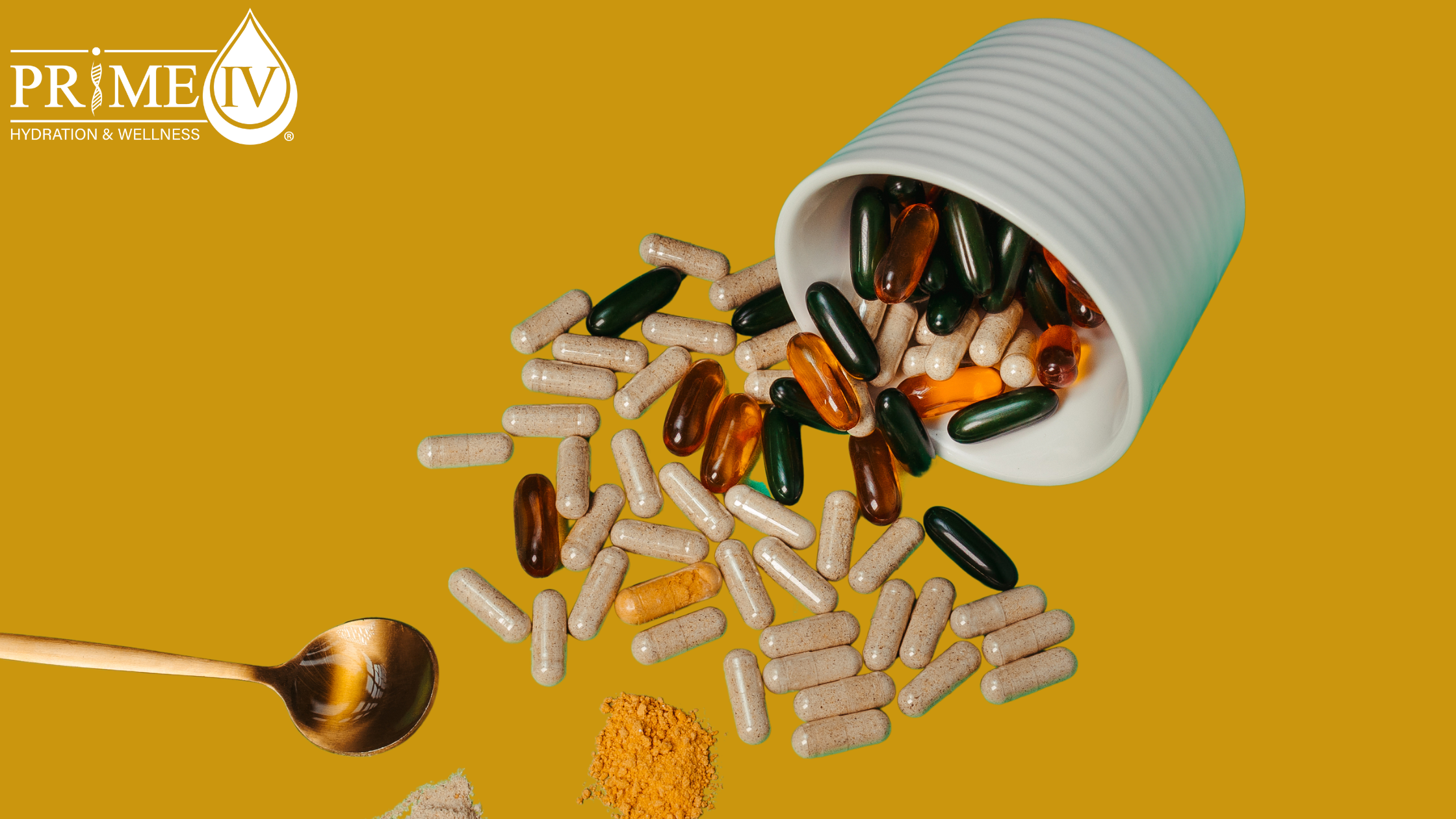 Assortment of vitamin pills and capsules spilling from a jar on a gold background