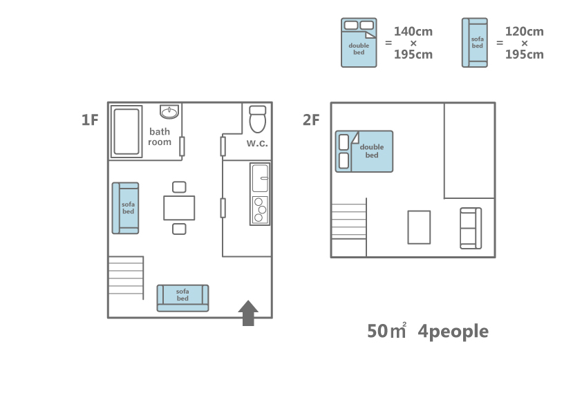 Iho-An floor plan showing 47.72 sqm two-floor layout with living/kitchen and 2 sofa beds on 1F, and double bed on 2F for 4 guests