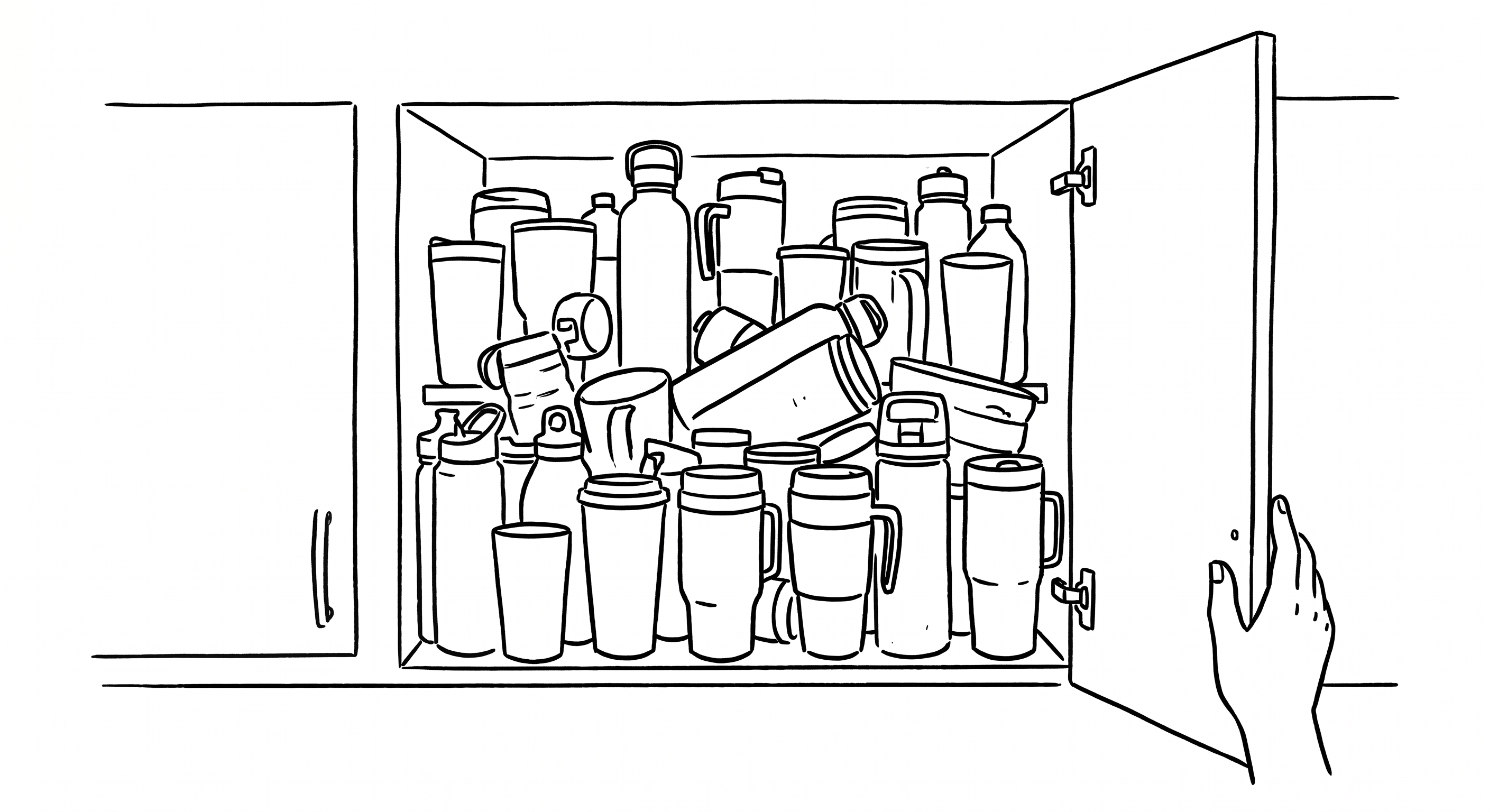 Cluttered cabinet shelf with too many tumblers