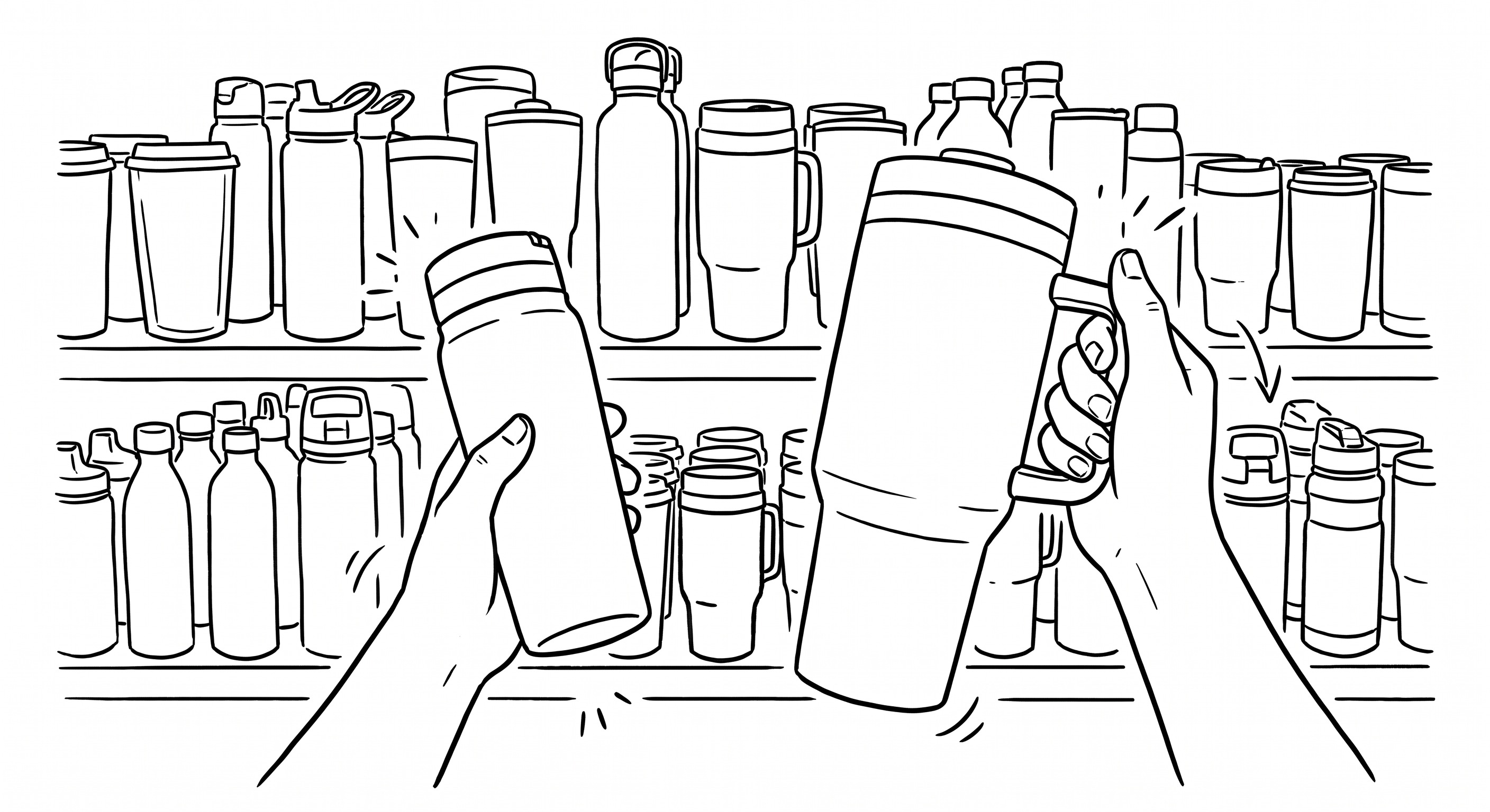 Multiple hands reaching for different tumblers in indecision
