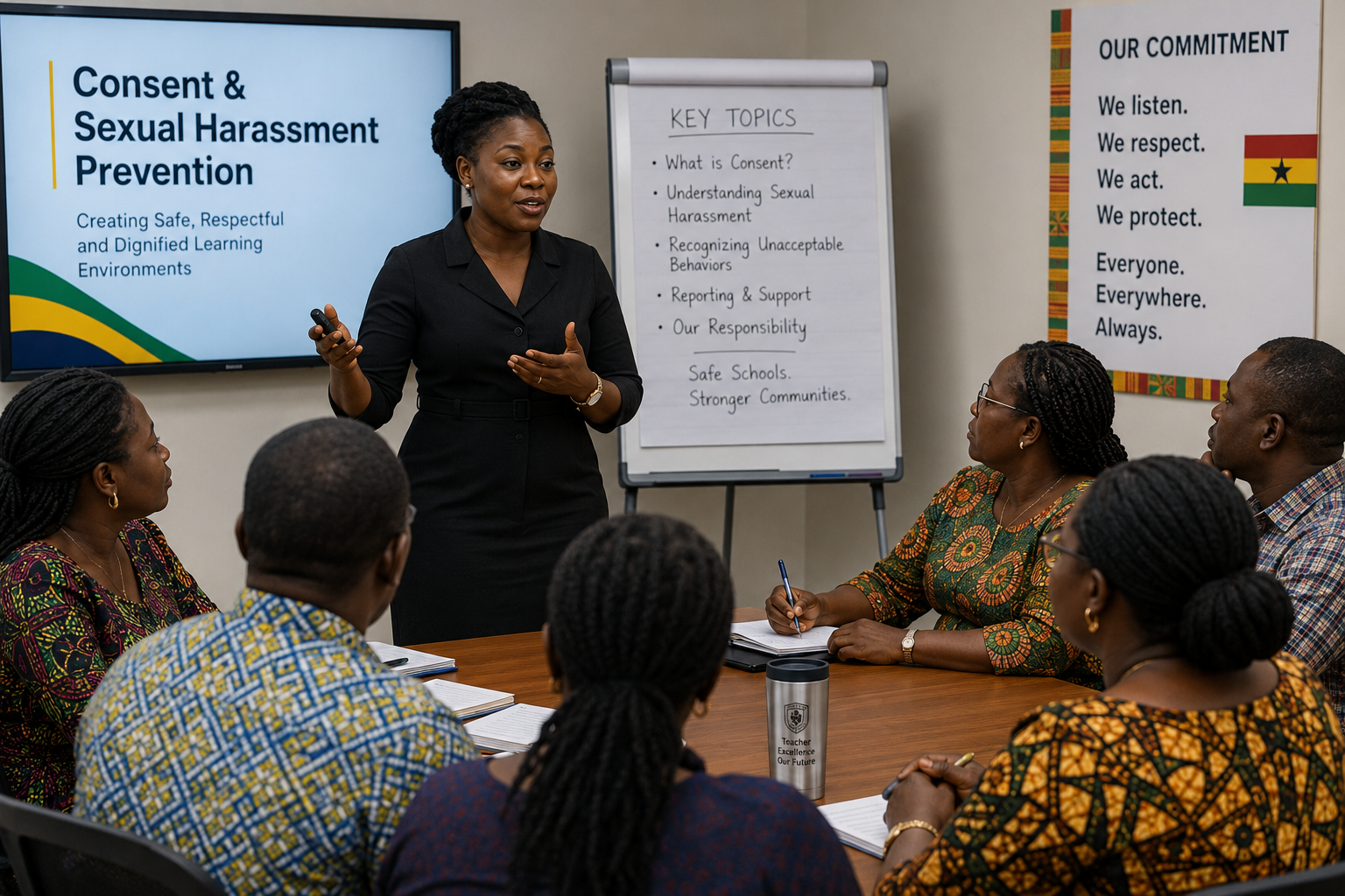 A Ghanaian professional leading a consent and harassment prevention training session with educators