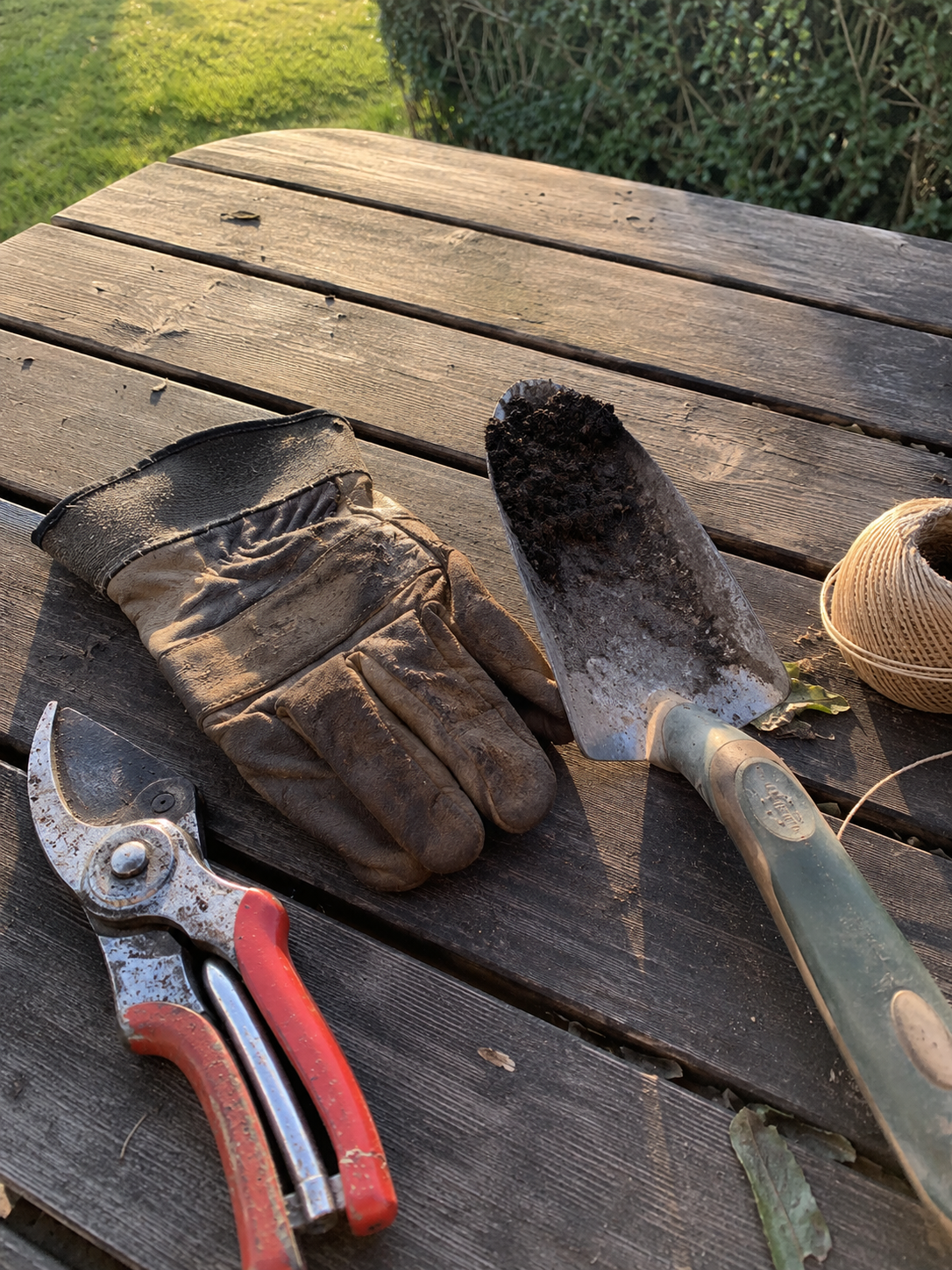 Benutzte Gartenwerkzeuge auf einem Holztisch