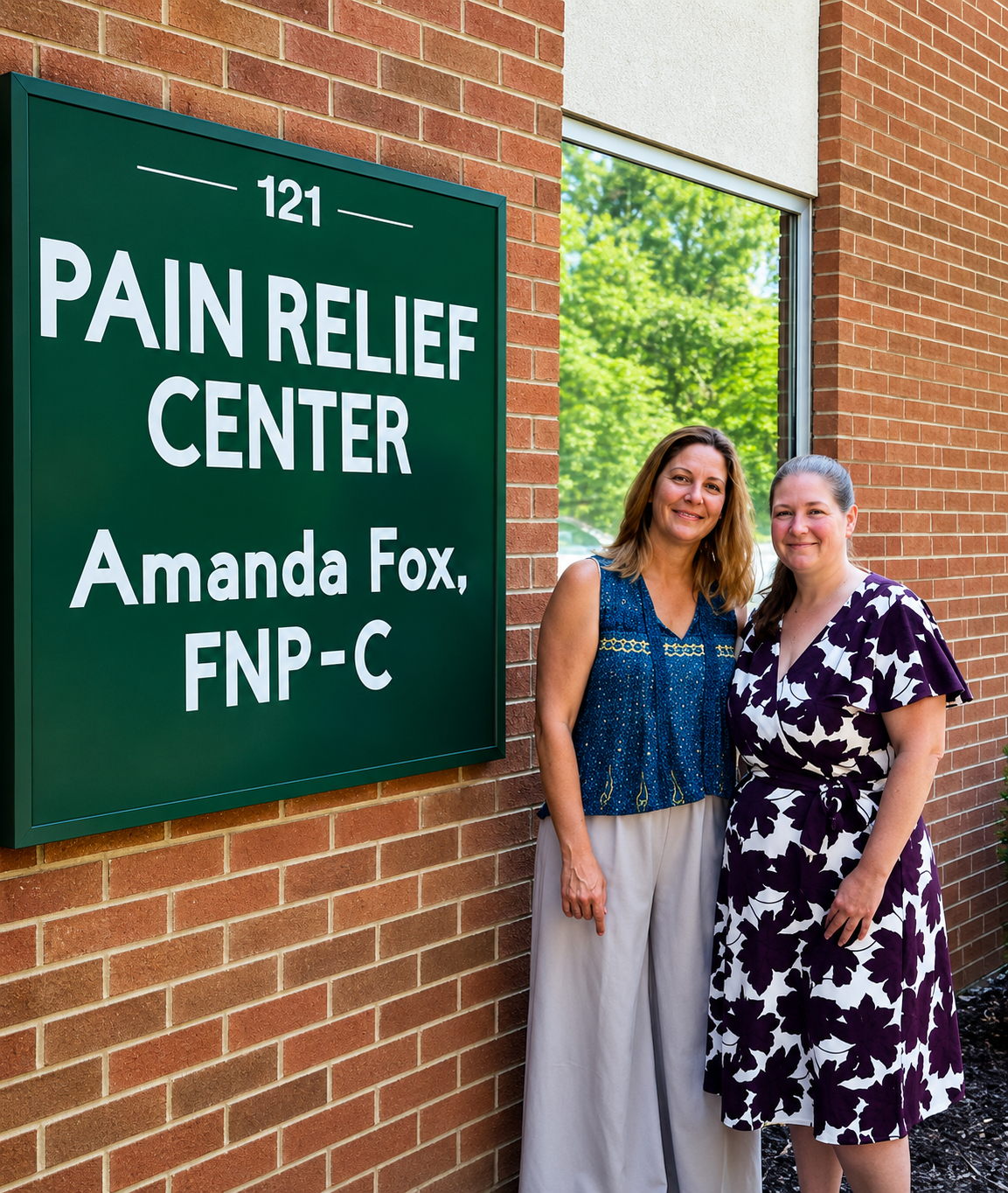 Amanda Fox and Shelby Fox standing outside the Pain Relief Center beside the clinic sign