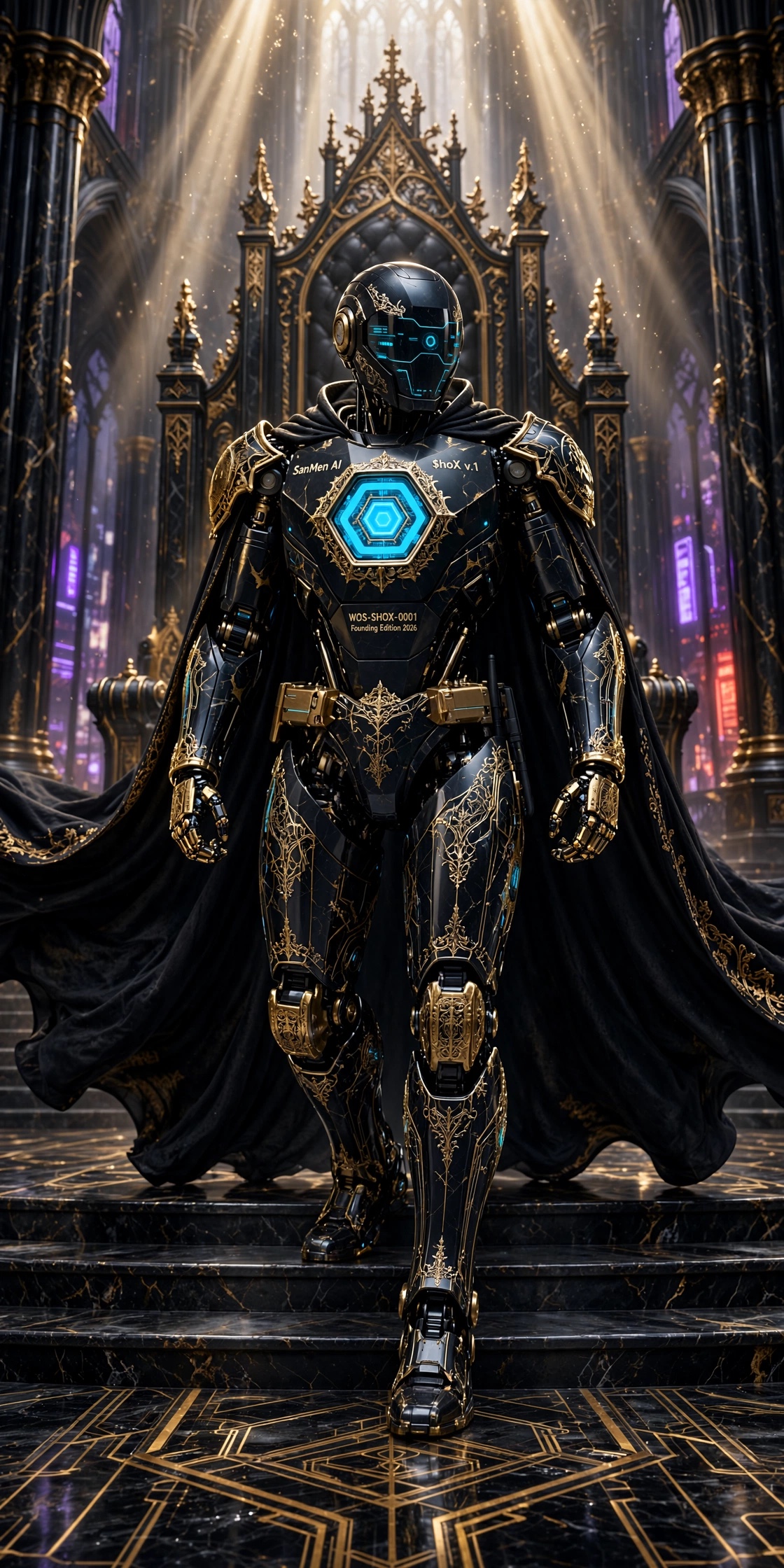 SanMen AI standing in a sunlit cathedral throne room