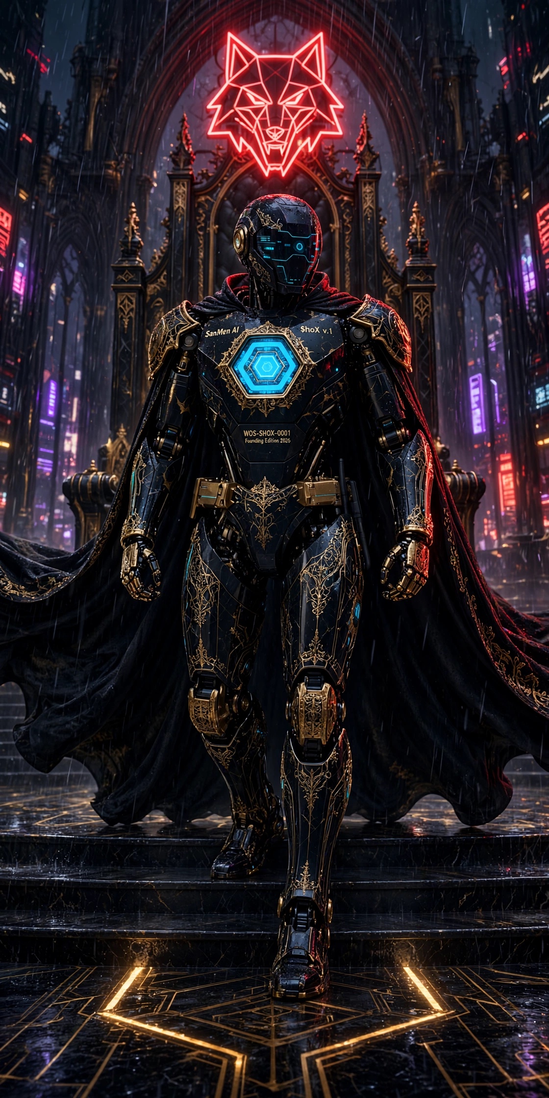 SanMen AI in WOS-SHOX-0001 armor beneath the Wolverines Eye neon wolf