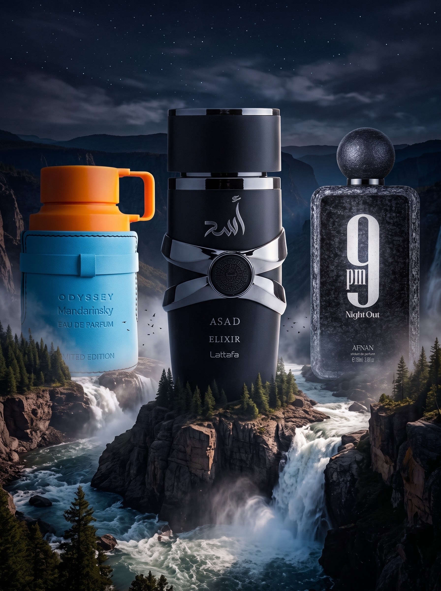 Tres perfumes sobre un paisaje nocturno